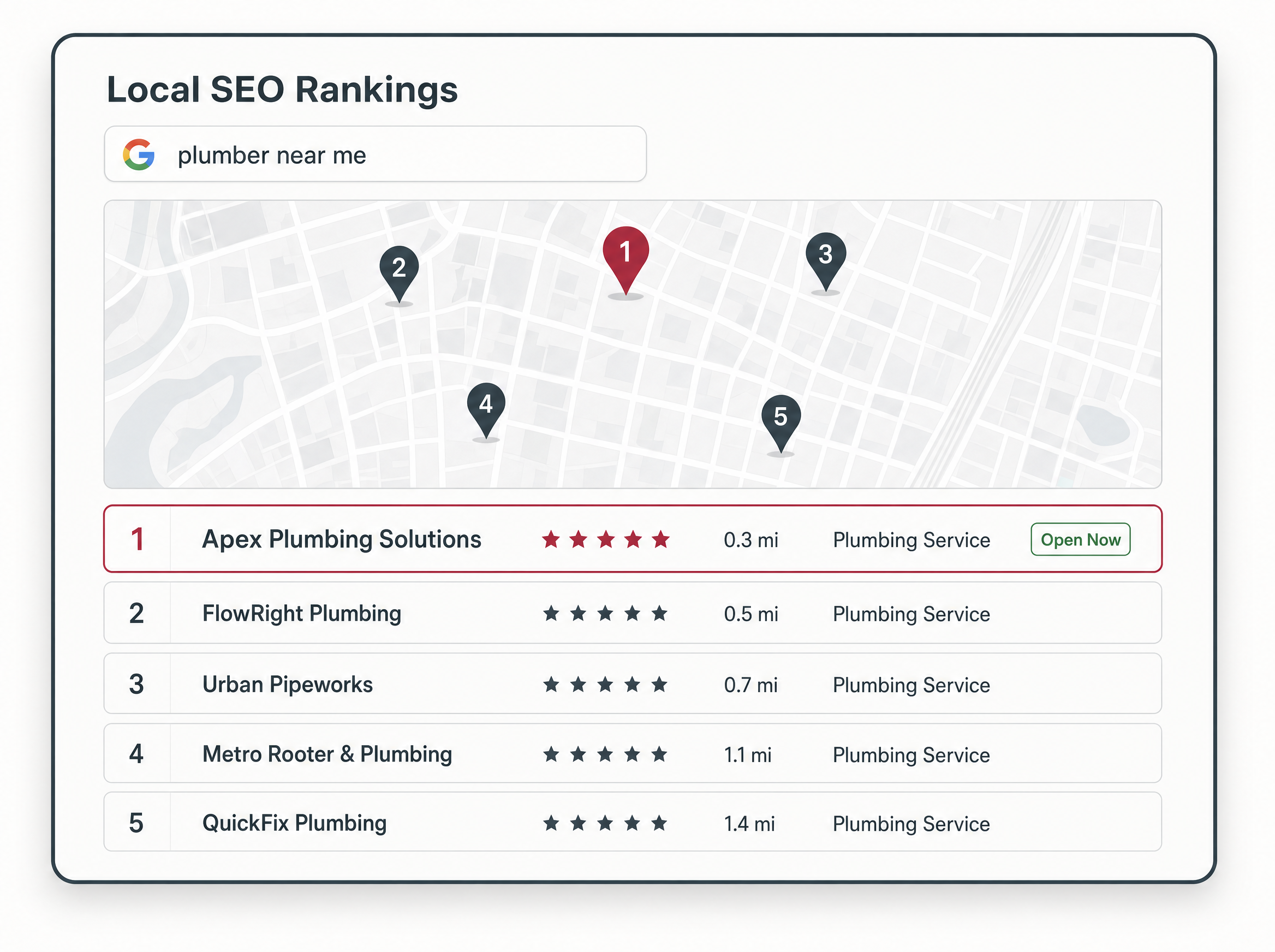 Local SEO rankings dashboard showing search results for plumber near me.