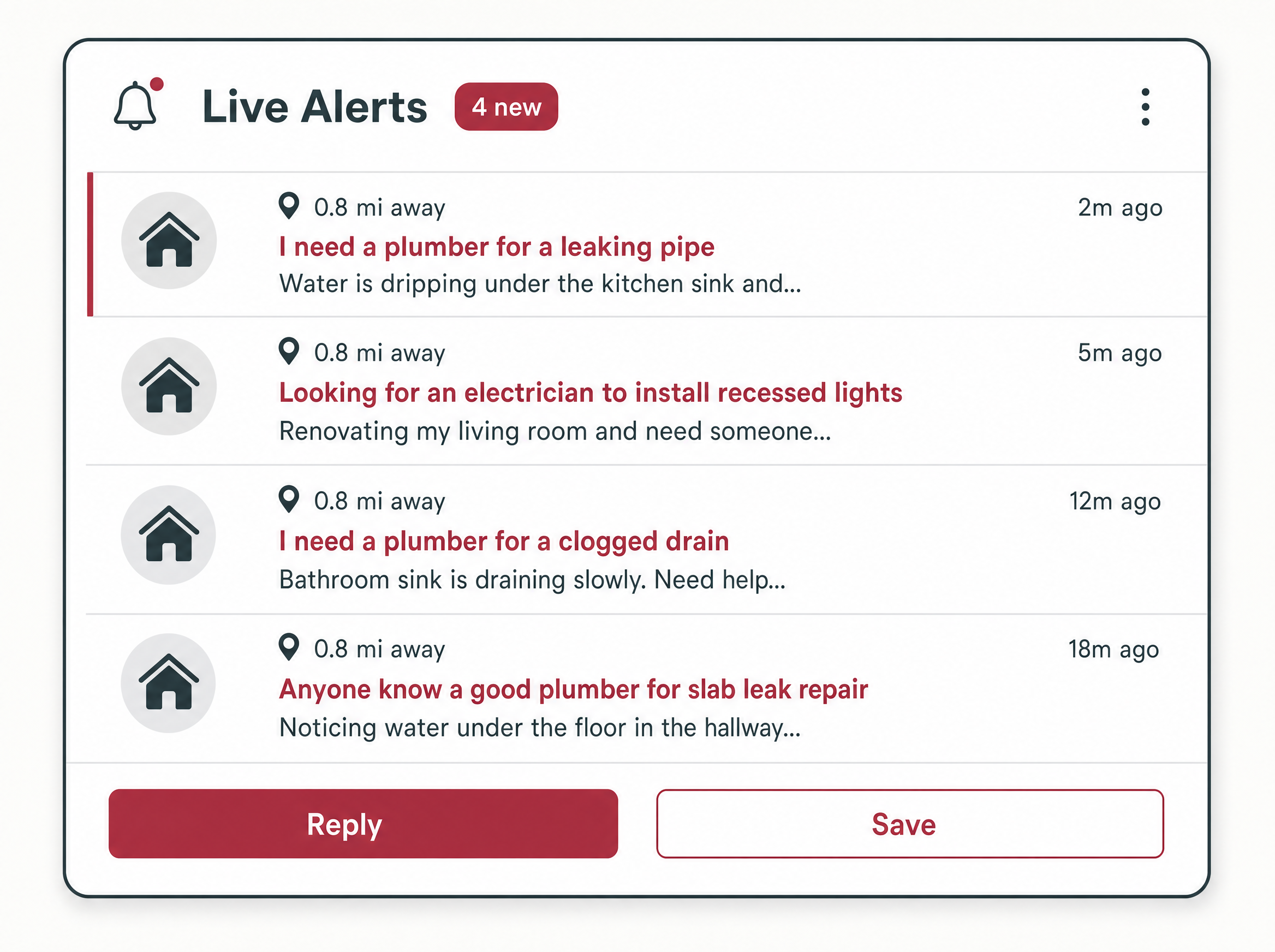 Lead alerts feed showing keyword-matched posts from local Facebook groups.