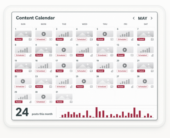 A month of scheduled social posts in the content calendar, 24 posts published.