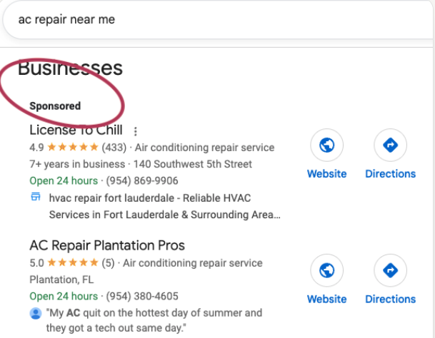 Google results for “ac repair near me” with the sponsored listings at the top circled.