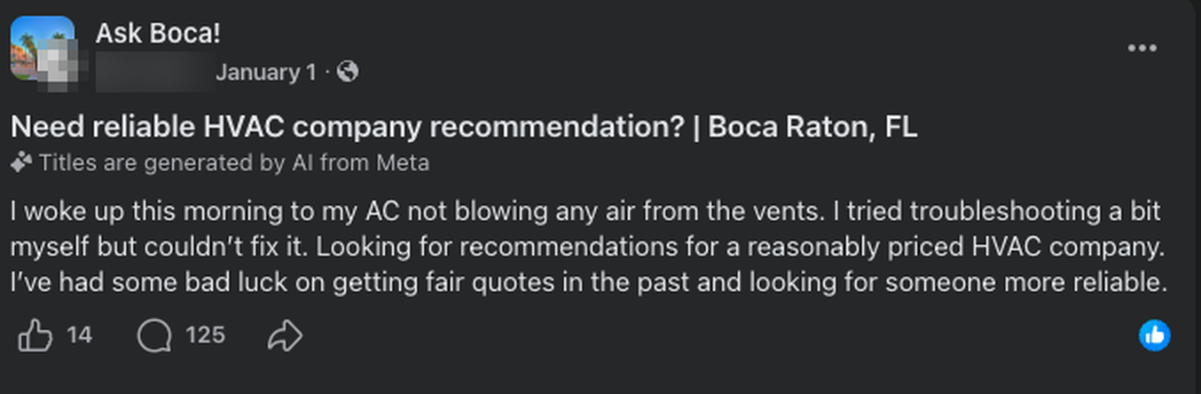 Ask Boca! group: I woke up this morning to my AC not blowing any air from the vents. I tried troubleshooting a bit myself but couldn't fix it. Looking for recommendations for a reasonably priced HVAC company. 125 comments.